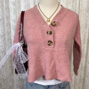 Madewell Pink Sweater Ribbed Lyle Henley‎ Sweater Womens XS Preppy Cottage